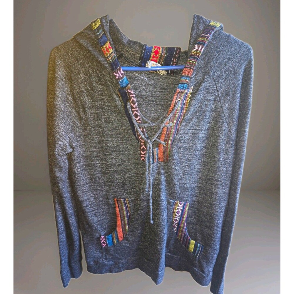 Skönhet Womens Pullover Hoodie Gray, M Lace-Up Aztec Boho Geometric Pockets